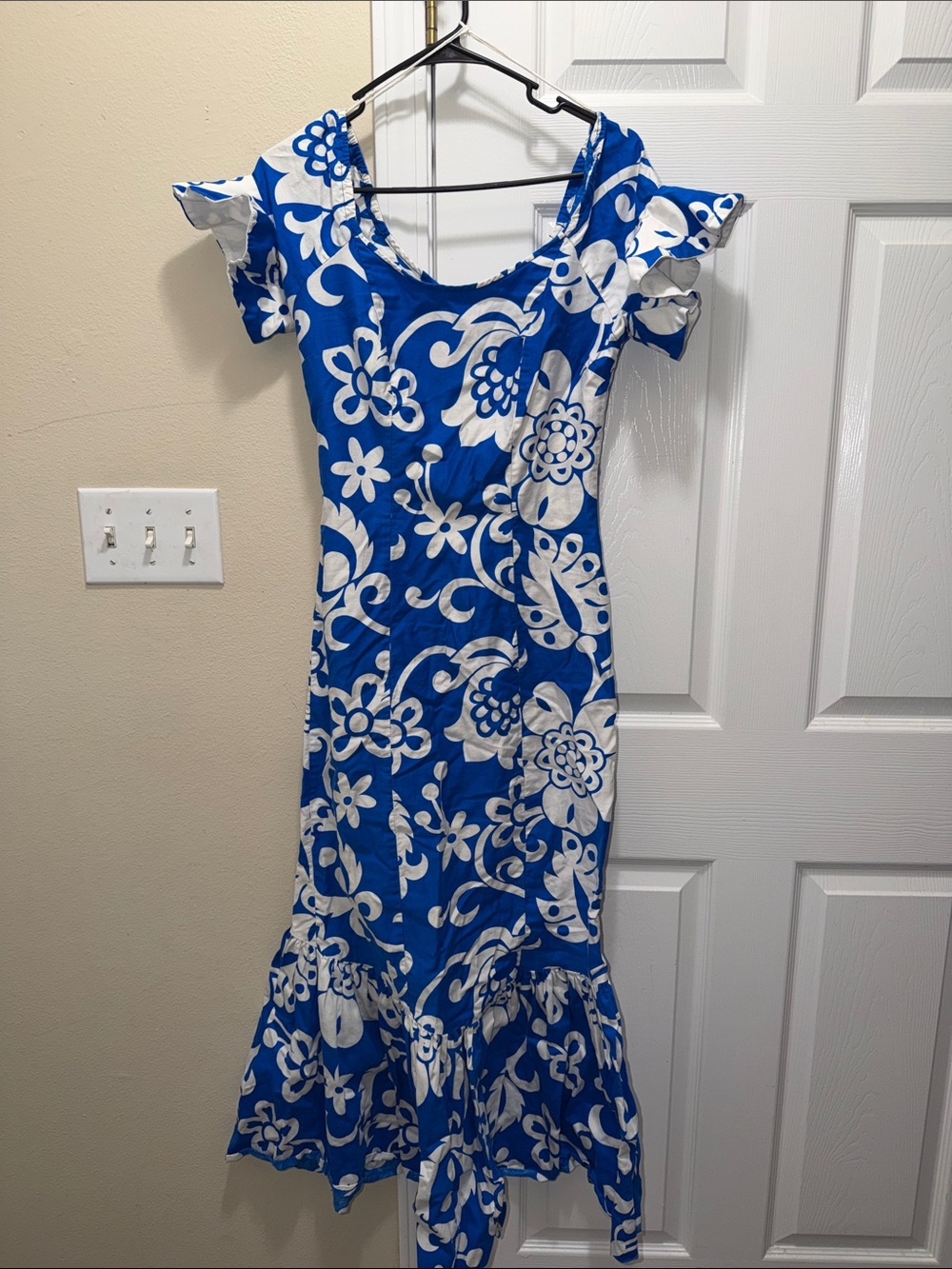 Blue and White Floral Scoop-Neck Maxi Dress